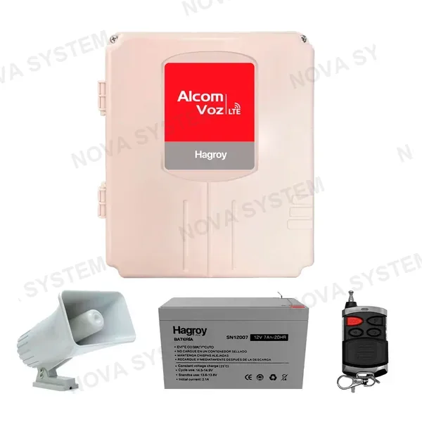 HAGROY HAGROY KIT-HG-ALCV-4G220 Kit Alarma Alcom Voz: Panel Alcom, Batería, Bocina y Pulsador
