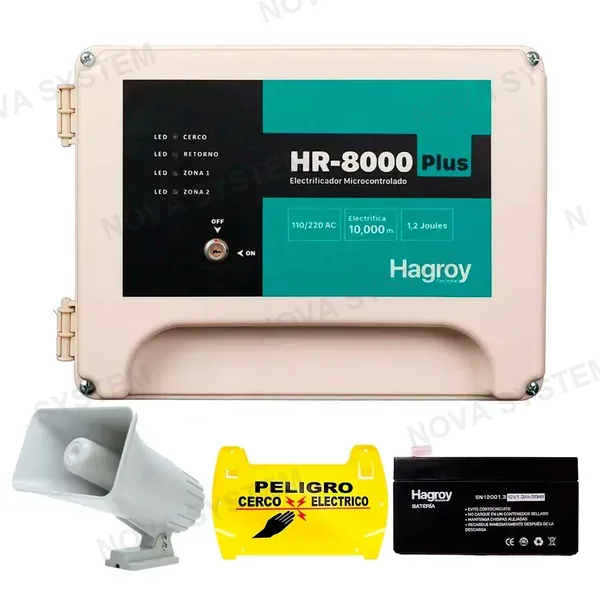 HAGROY HAGROY KIT-HR8PL220VAC Kit de Cerco: HR8000 PLUS, Batería 4A, Sirena 30W y Letrero