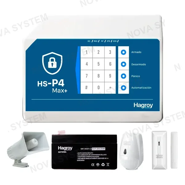 HAGROY HAGROY KIT-HSP4-IN-SIRCAB Kit de Alarma Cableado: P4, Magnético, Pir y Batería APP iHagroy
