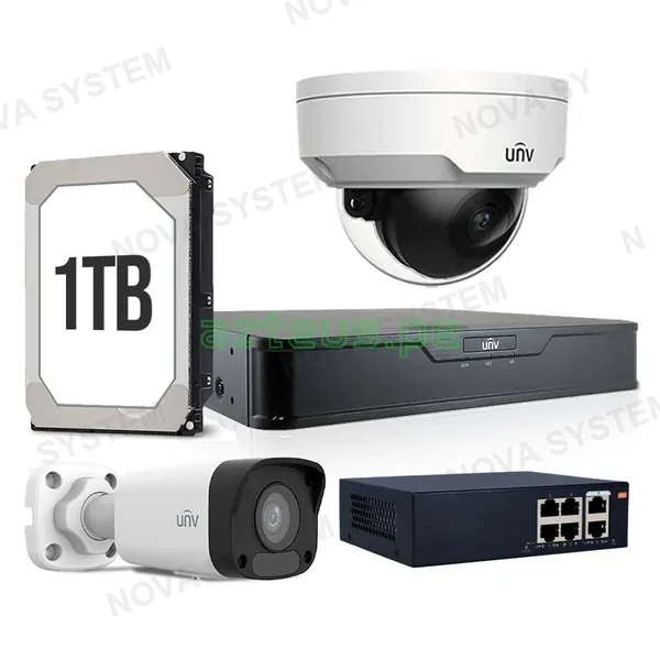 UNIVIEW UNIVIEW KITIP-3 Kit cámara de seguridad IP 2MP: NVR 4ch+1Ext+1Int+1TB+Switch 6 POE