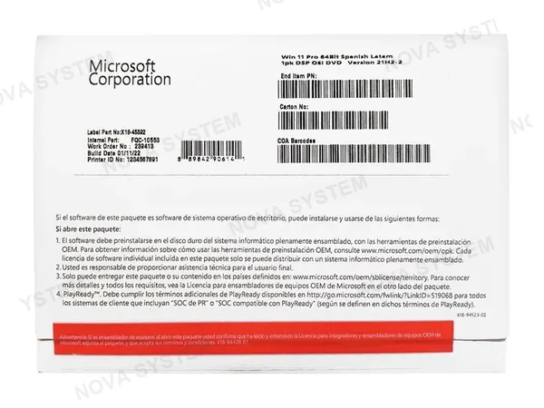MICROSOFT WINDOWS MICROSOFT 11 PRO 64BITS FQC-10553 ESPAÑOL PERPETUO