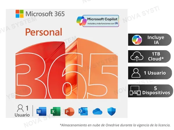 MICROSOFT OFFICE MICROSOFT 365 PERSONAL 1 Usuario - 5 Dispositivos, 12 MESES, VIRTUAL (EP2-32316) + IA Copilot
