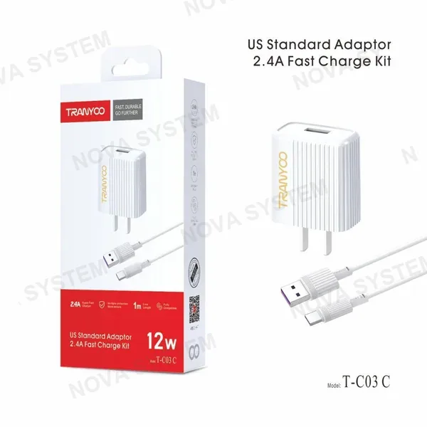 TRANYOO T-C03 Cargador Kit 2.4A +Cable V8 1m - 1 Puerto USB Tranyoo
