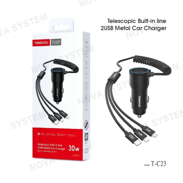 TRANYOO T-C23 Cargador de Coche de Metal-Cable de Datos 3 en 1 con Doble Puerto USB 30W Tranyoo