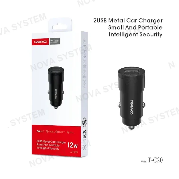 TRANYOO T-C20 Cargador de Coche de Metal con Doble Puerto USB 12W Tranyoo