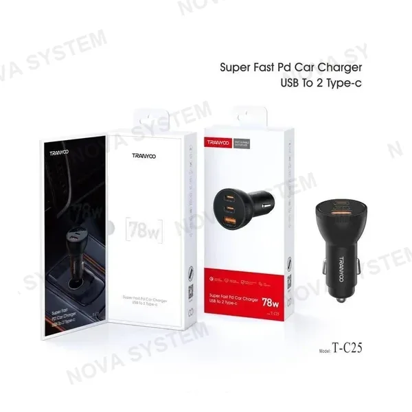 TRANYOO T-C25 Cargador 78W de Auto con Salida USB y PD Tranyoo