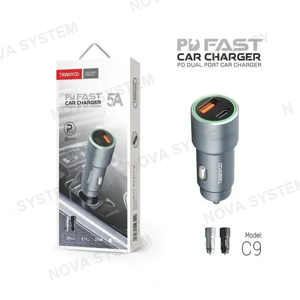 TRANYOO T-C9 Cargador QC3.0 de Auto con Salida USB y PD Tranyoo