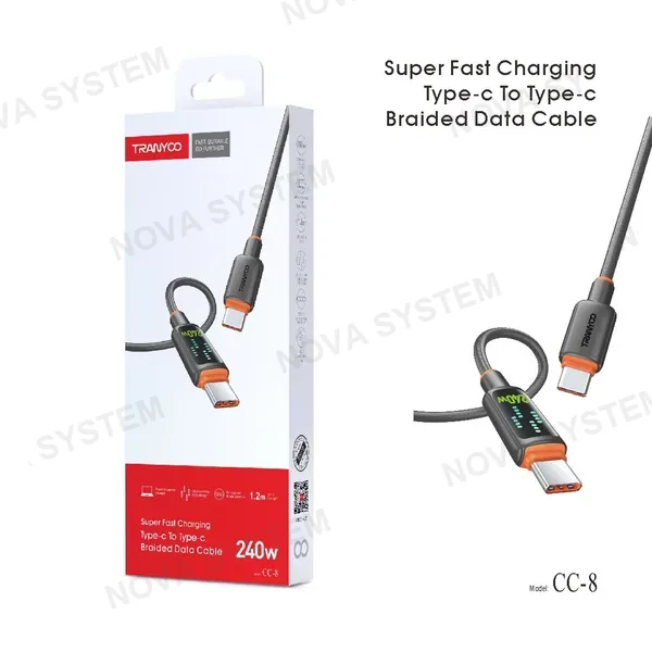 TRANYOO CC-8 Cable de Carga Tipo-C a Tipo-C con Efecto de Luces LED en Movimiento Metal 1.2m/240W Tranyoo