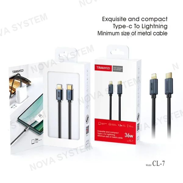 TRANYOO CL-7 Cable de Carga Metal Tipo-C a Lighting 1.2m 36W Tranyoo