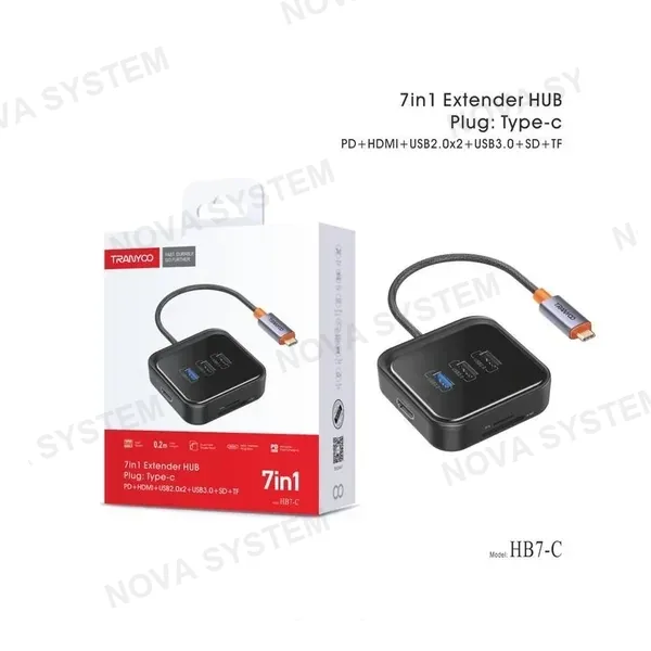 TRANYOO HB7-C Conversor 1en7 Type-C a PD*1+HDMI*1+USB2.0*2+USB30.*1+SD+TF Tranyoo