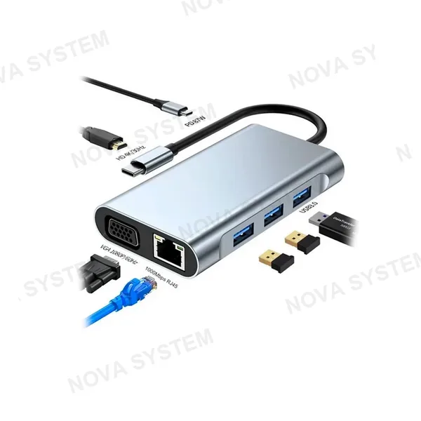 BYL-2111 Adaptador 7 en 1 Tipo-C a HDMI+VGA+P Red+USB2.0+USB3.0+PD