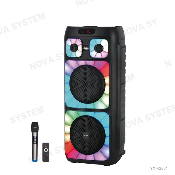 YX-F2801 Parlante Bluetooth 2x8" con Luz Colorado y Un Micrófono Inalámbrico