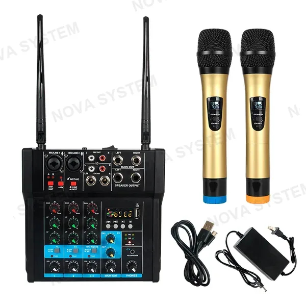 YX-X9855 Consola Mezcladora de Audio 4 Canales con Amplificador y Dos Micrófonos