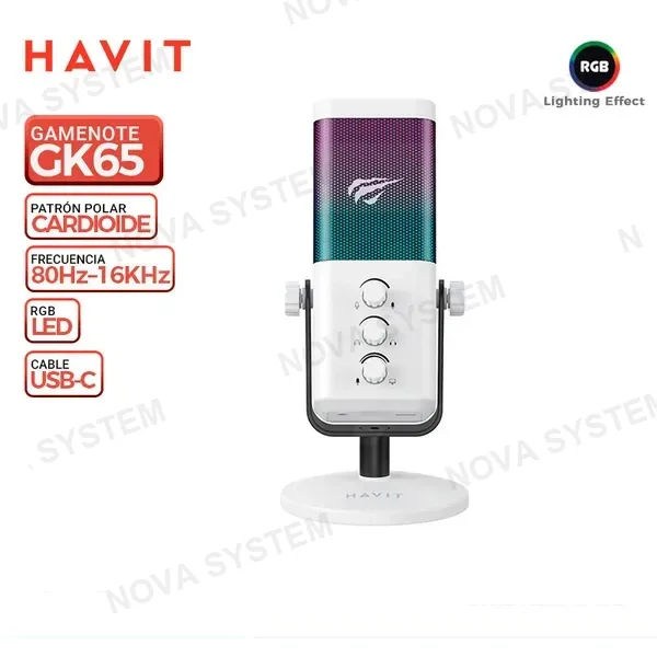 MICROFONO HAVIT GAMENOTE GK65, RGB, WHITE
