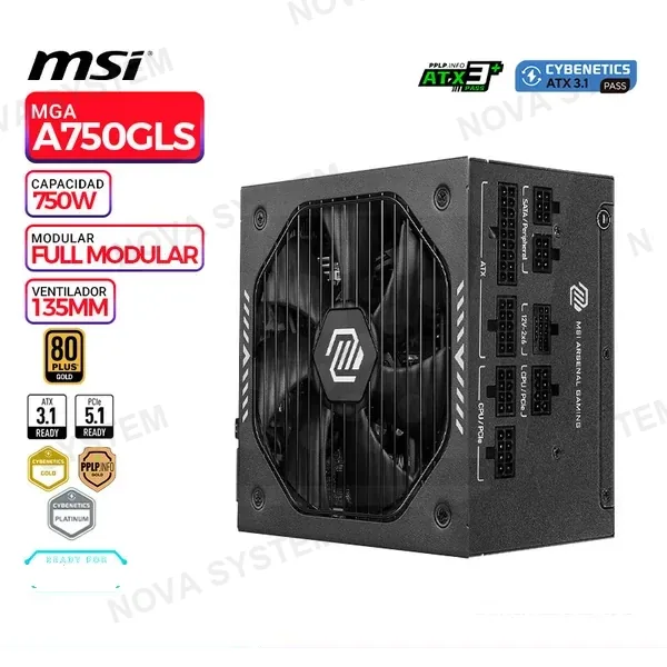MSI Fuente De Poder Msi 750w Mag A750gls (mag A750gls Pcie5) Atx, 80 Plus Gold, Modular, Negro, Pcie 5