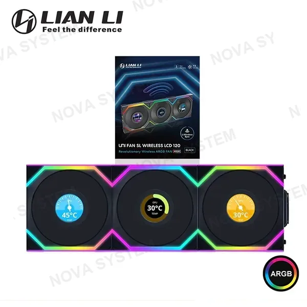 Lian Li COOLER PARA CASE LIAN LI UNI FAN SL V3 BLACK ARGB LCD WIRELESS 120MM PACKx3 CON CONTROLADOR (PN:12SLLCD1W3B)