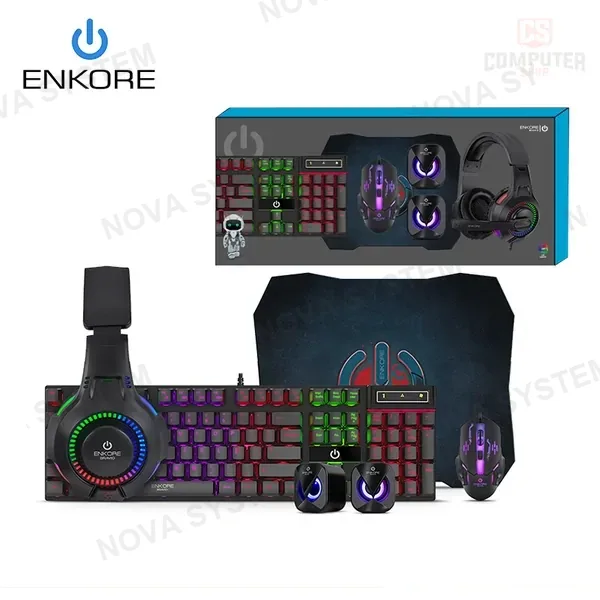 KIT ENKORE BRAVIO 5 ENT G1000-5 TECLADO MULTIMEDIA RAINBOW + MOUSE LED 7 COLORES + AURICULAR RAINBOW + PARLANTES RGB + MOUSE PAD
