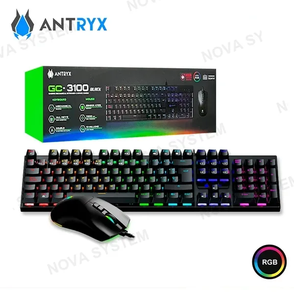 Antryx KIT ANTRYX GC-3100 BLACK RGB TECLADO MECANICO SWITCH RED USB + MOUSE WIRED USB (PN:AGC-3100KRE-SP)