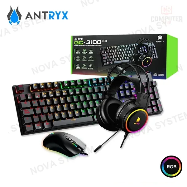 Antryx KIT ANTRYX GC3100 X3 BLACK RGB TECLADO SWITCH RED + AUDIFONO + MOUSE (PN:AGC-3100X3KRE-SP)