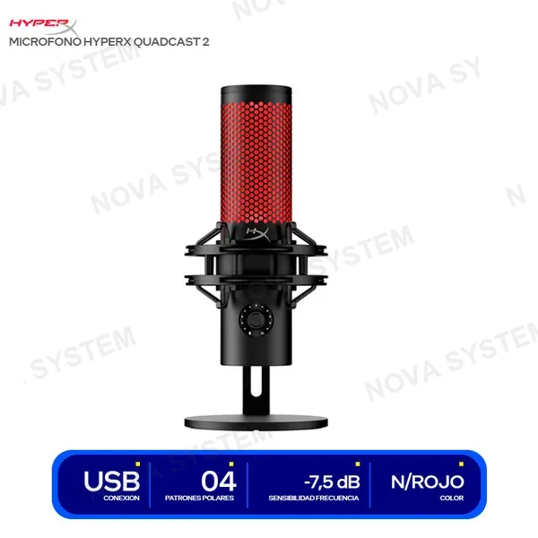 HYPERX MICROFONO HYPERX QUADCAST 2 GAMING USB RGB NEGRO C/ROJO...