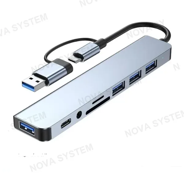 ADAPTADOR USB-C 8 EN 1 4xUSB TIPOC AUX TF/SD