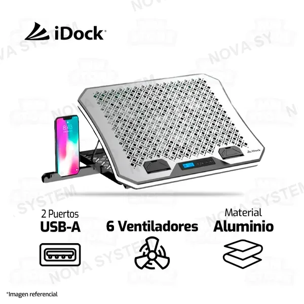 Idock COOLER PARA LAPTOP IDOCK TURBINE N9 | 6 VENTILADORES | ALUMINIO | PLATEADO