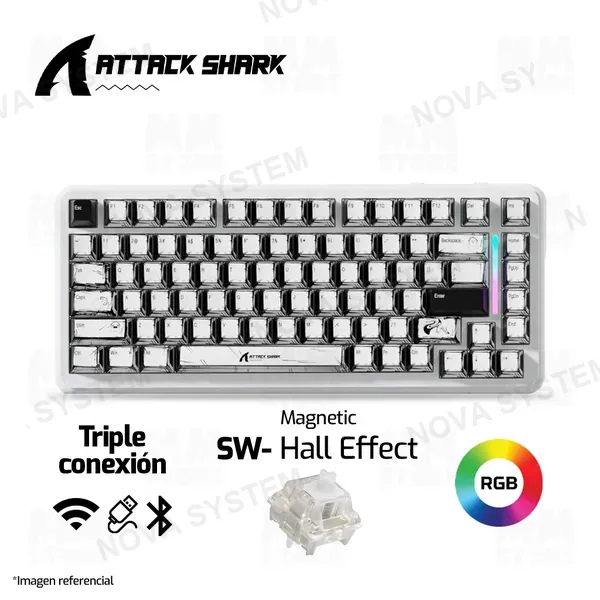 Attack Shark TECLADO ATTACK SHARK X82 PRO HE | INGLES | INALAMBRICO | MAGNETICO | RGB | BLANCO - COMIC