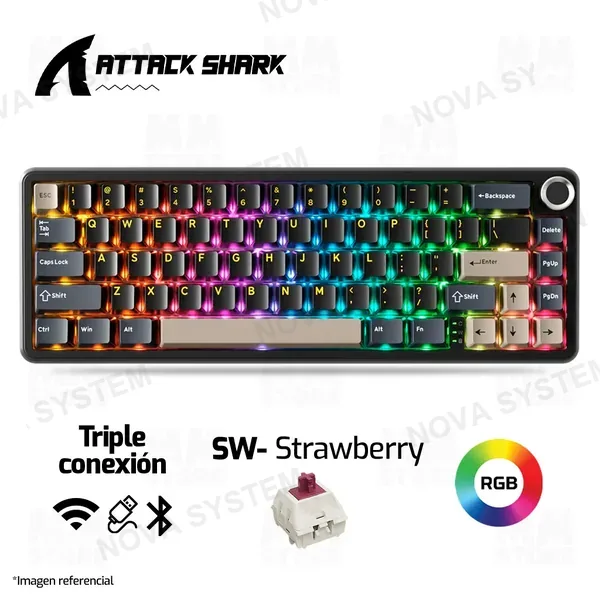 Attack Shark TECLADO ATTACK SHARK X66 | INGLES | INALAMBRICO | SW STRAWBERRY | RGB | NEGRO-GRIS-MARRON