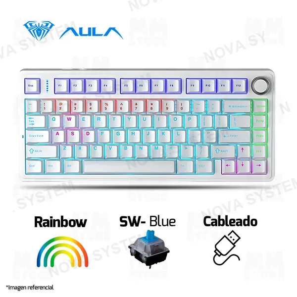 TECLADO AULA F75 | INGLES | CABLEADO| MECANICO | SW-BLUE| RAINBOW| BLANCO