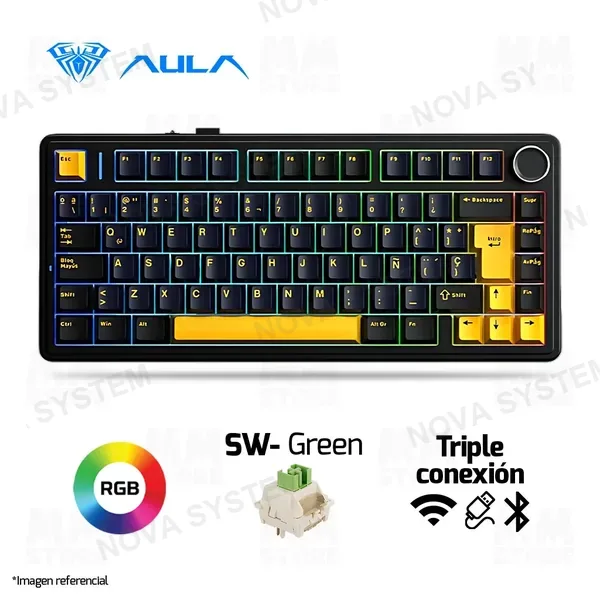 TECLADO AULA F75 | ESPAÑOL | INALAMBRICO | MECANICO | SW-GREEN | RGB | NEGRO-AMARILLO - AZUL