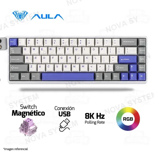TECLADO MAGNÉTICO AULA WIN68HE MAX | INGLES | RGB | CABLEADO | BLANCO-GRIS-MORADO