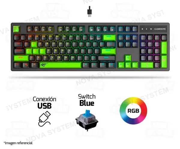 Havit TECLADO HAVIT KB893L-SP | ESPAÑOL | MECANICO | SW-BLUE| RGB | NEGRO-VERDE