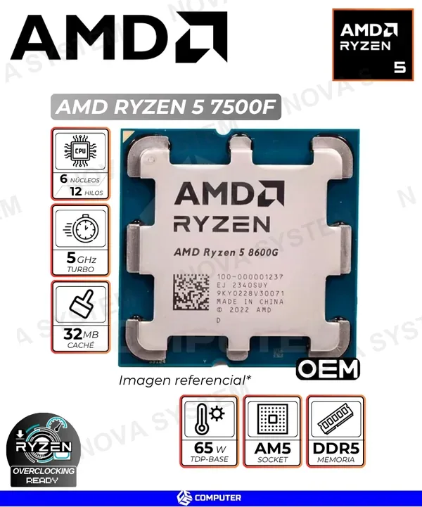 AMD PROCESADOR AMD RYZEN 5 7500F, 5.0GHZ, AM5, 6 CORE, S/GRAPHICS OEM
