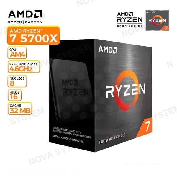 AMD PROC. AMD RYZEN 7 5700X 3.6-4.7 GHZ RAM max3200MHz /8CORE-16HILOS/L1-512KB/L2-4MB/L3-32MB/7NM/65W/PCIe 4.0/NO FAN COOLER