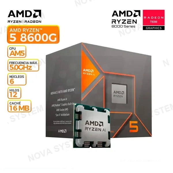 AMD PROC. AMD RYZEN 5 8600G 4.3-5.0 GHZ RAM max5200MHz DDR5/6CORE-12HILOS/L2-6MB/L3-16MB/4NM/65W/AMD Radeon™ Graphics/PCIe 5.0/FAN COOLER