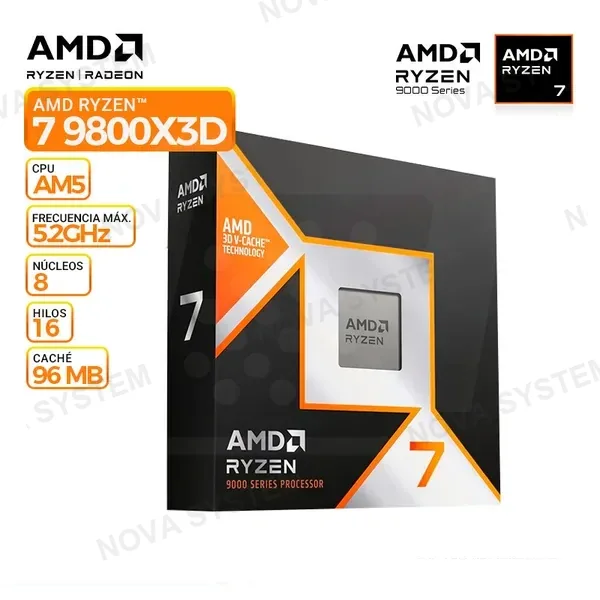 AMD PROC. AMD RYZEN 7 9800X3D 4.7-5.2 GHZ RAM max5600MHz DDR5/8CORE-16HILOS/L2-8MB/L3-96MB/4NM/120W/AMD Radeon™ Graphics/PCIe 5.0/NO FAN COOLER