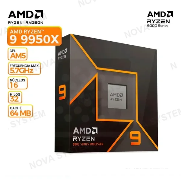 AMD PROC. AMD RYZEN 9 9950X 4.3-5.7 GHZ RAM max5600MHz DDR5/16CORE-32HILOS/L2-16MB/L3-64MB/4NM/170W/AMD Radeon™ Graphics/PCIe 5.0/NO FAN COOLER