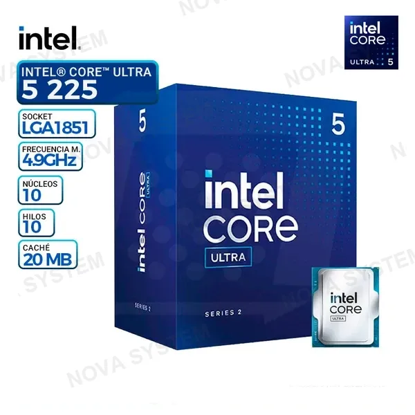 INTEL PROC. INTEL CORE ULTRA 5 225 3.30-4.90GHz DDR5-max 4800/LGA 1851/10CORE-10HILOS/SMART CACHE 20MB/L2-22MB/TSMC N3B/TDP 65-121W/Graficos UHD Intel/FAN COOLER