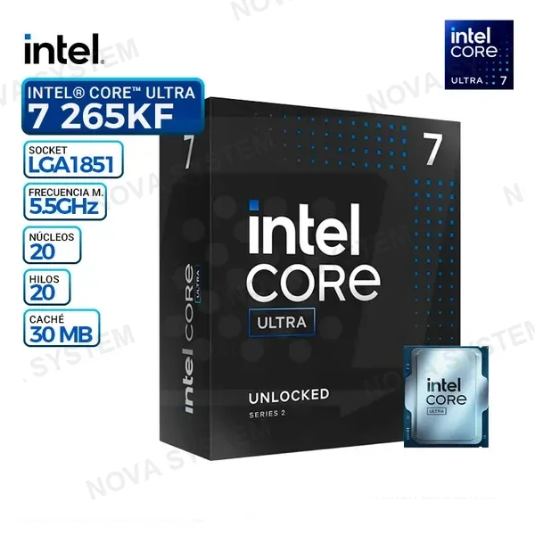 INTEL PROC. INTEL CORE ULTRA 7 265KF 3.90-5.50GHz DDR5-max 4800/LGA 1851/20CORE-20HILOS/SMART CACHE 30MB/L2-36MB/TSMC N3B/TDP 125-250W/NO FAN COOLER