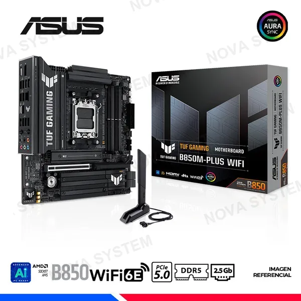 ASUS MB ASUS TUF GAMING B850M-PLUS Wi-Fi 7 AM5/DDR5/4 SLOT 128GB/8200(OC)4800-6400 MHz RAM /1xHDMI2.1(4K 60Hz)/1xD-PORT1.4(8K 60Hz)/1xPCIe 5.0 x16/2xPCIe 4.0 x16/3 ranuras M.2 y 6 puertos SATA de 6 Gb/s.