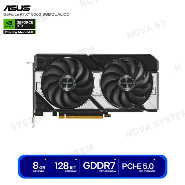 ASUS TARJ. VIDEO ASUS NVIDIA GEFORCE RTX™ 5060 TI DUAL OC 8GB GDDR7/128-BITS/28 Gbps/2 FAN/CUDA® Cores 4608/RELOJ BASE 2602-2632 MHZ/759 TOPs/3xD-PORT1.4a/1xHDMI2.1b(4K 480Hz or 8K 120Hz)/RESOLUCION 7680 x