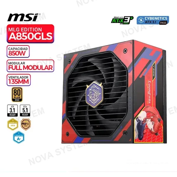 MSI FUENTE DE PODER MSI A850GLS MLG EDITION 850W/80 PLUS GOLD/FULL MODULAR/PCIe CEM 5.1/NATIVO 12V-2x6(H++)600W/ATX3.1/PFC activo