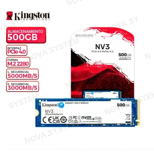 KINGSTON SSD SOLIDO M.2 KINGSTON 500GB NV3 NVME/F 2280/PCIe 4.0 x4/V.ESCRITURA 3000 MB/s/V.LECTURA 5000 MB/s/TBW 160/NAND 3D