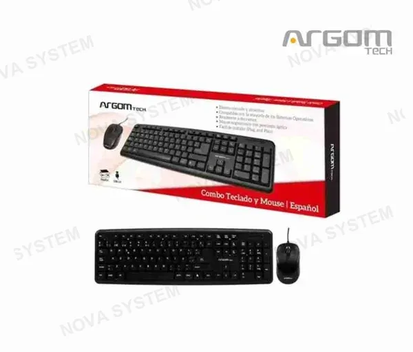 KIT 2 EN 1 ARGOMTECH, TECLADO DISEÑO ANTIDERRAME, MOUSE 4 BOTONES SENTOSR 800 DPI, INTERFAZ USB, COLOR NEGRO (ARG-KB-7418)