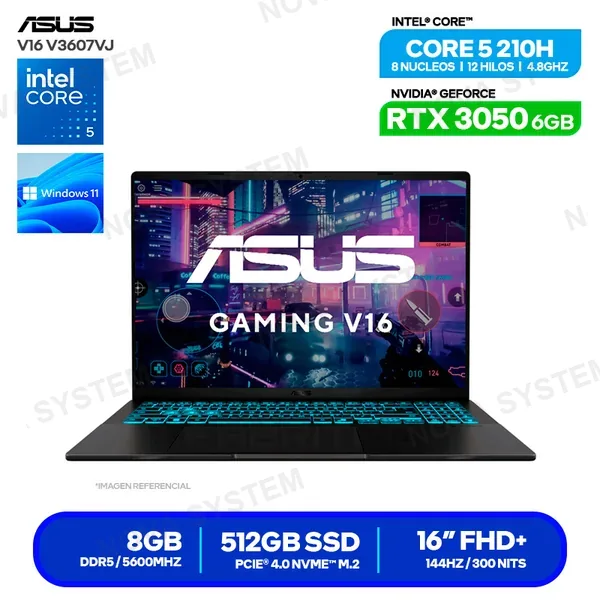 LAPTOP ASUS V16 V3607VJ-RP067W CORE 5 210H, SSD 512GB, DDR5 8GB, RTX 3050 6GB, 16" WUXGA 144HZ IPS, WIN 11, MATTE BLACK (90NB15V1-M004R0)