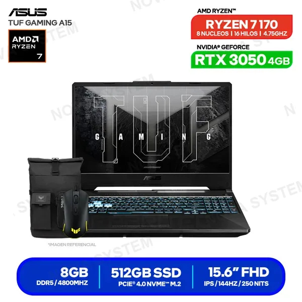 NB ASUS TUF A15 FA506NCQ-HN078, RYZEN 7-170, 8GB DDR5, 512GB SSD, RTX 3050 4GB, 15.6" FHD 144HZ, IPS (90NR0QE7-M00490)