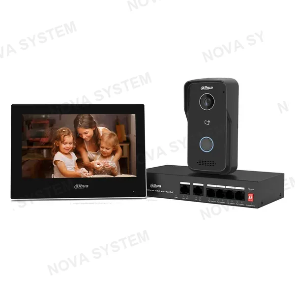 DAHUA DAHUA KTP03 Kit Video Portero Hogar IP VTO2111D-P-S2 VTH2621G-P PFS3005-4ET-36E, presentación en caja