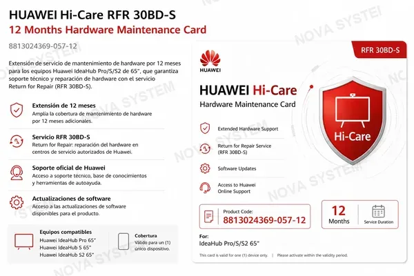 HUAWEI HUAWEI 8813024369-057-12 Tarjeta de Mantenimiento de Hardware Pro S-S2 65 Hi-Care RFR 30BD-S 12 meses por tarjeta