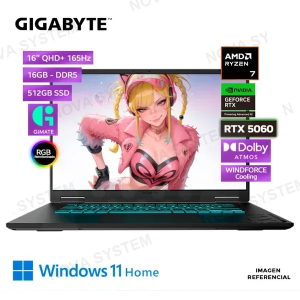 LAPTOP GIGABYTE Gaming A16 Amd Ryzen 7 260, 16GB DDR5, SSD 512GB, RTX 5060 8GB, 16" WQXGA