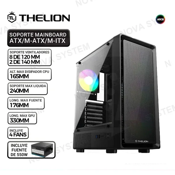 CASE THELION GLATIATOR GL307, FUENTE 550W, 4 COOLER ARGB, V/TEMPLADO